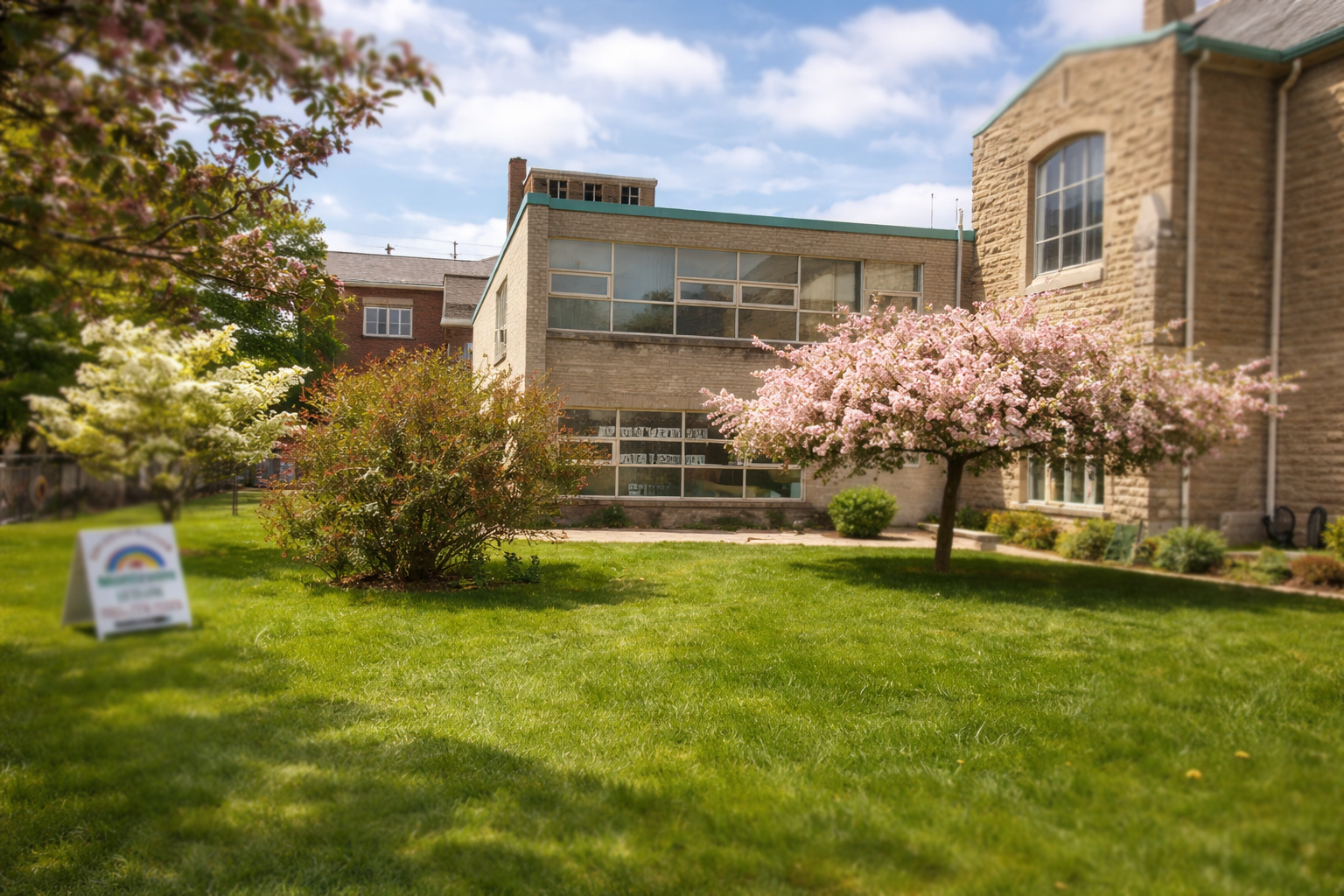 Applewood Rainbow Montessori School exterior in spring